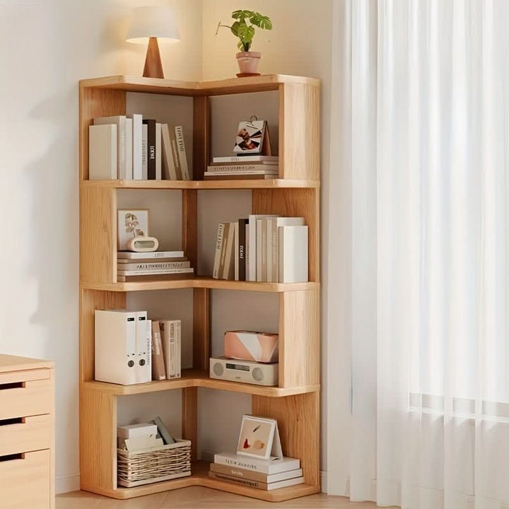 Modern natural pine corner storage cabinet, ideal for living room or bedroom decor.