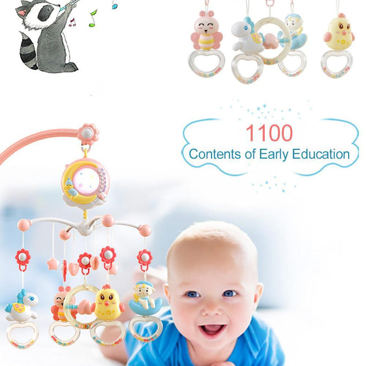 Infant Entertainment Mobile with remote control, light projector, & detachable baby rattles for teething.