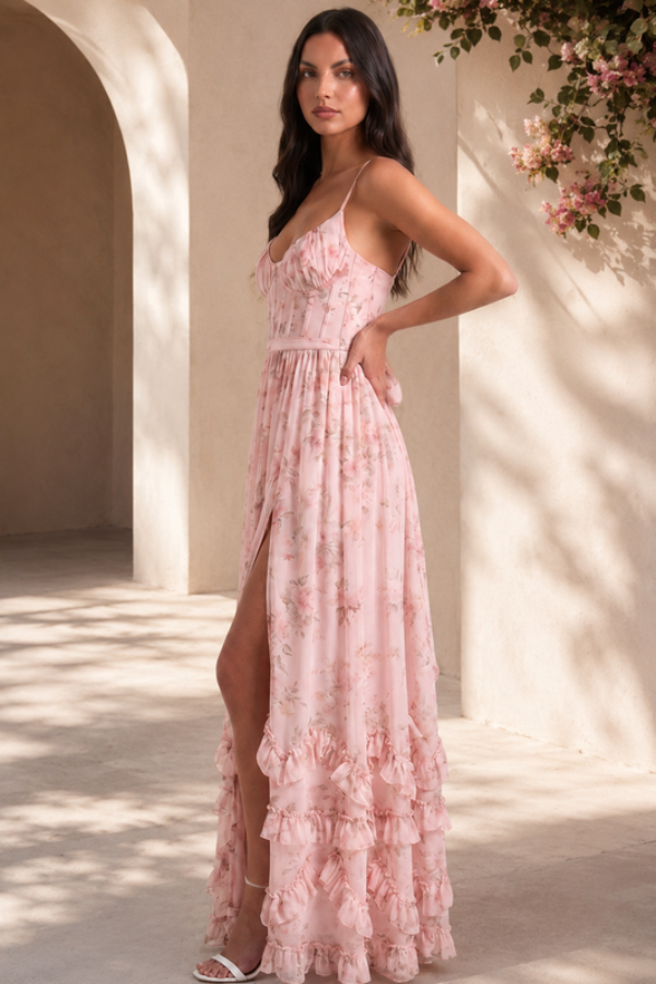 Graceful pink flowing maxi dress, a stylish party dress for women's special occasions.