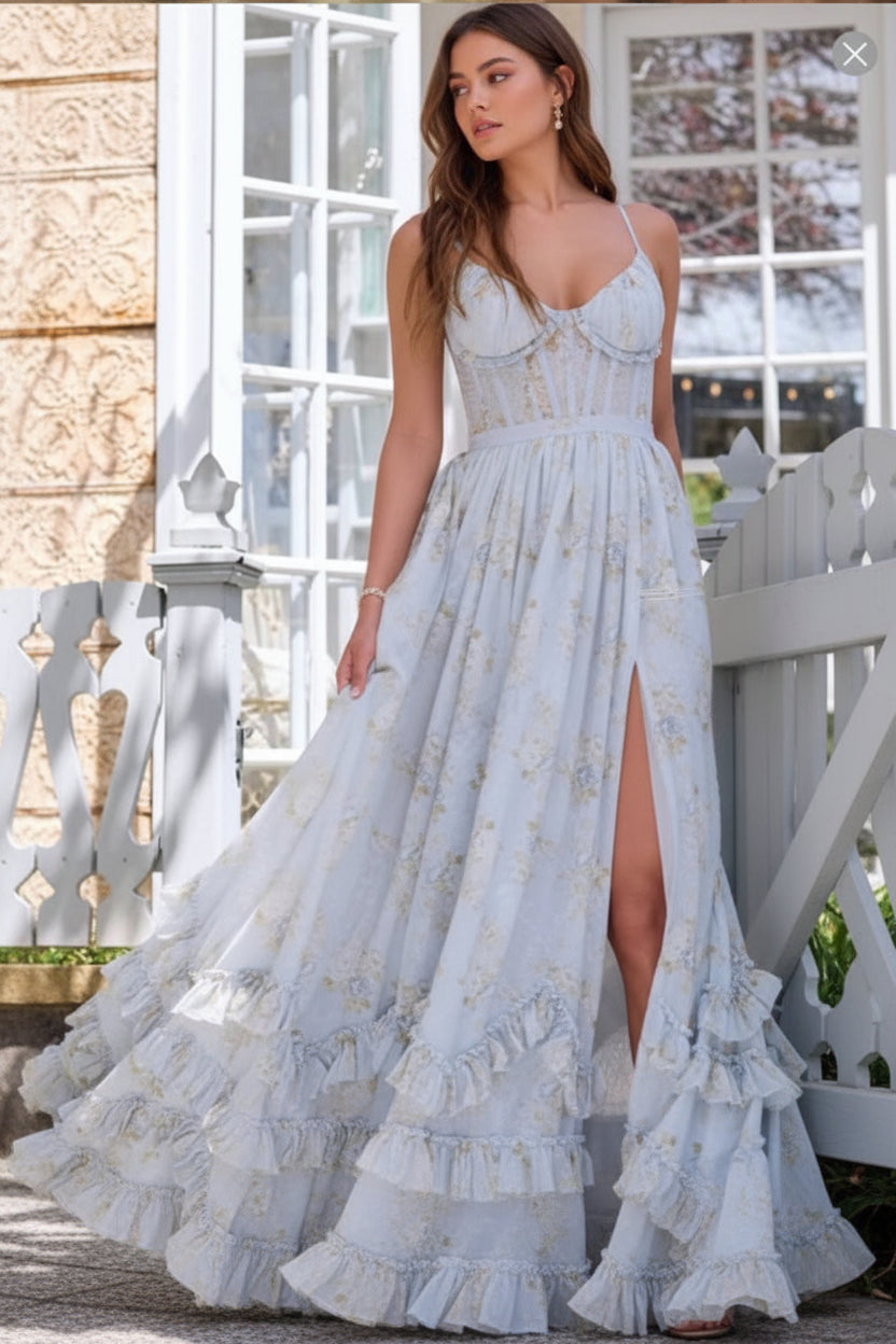 Women's formal long evening gown, a sophisticated wedding guest dress with an elegant drape.