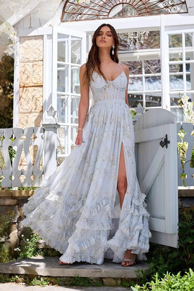 Stunning women's blue evening gown, a flowing maxi dress for formal events & galas.