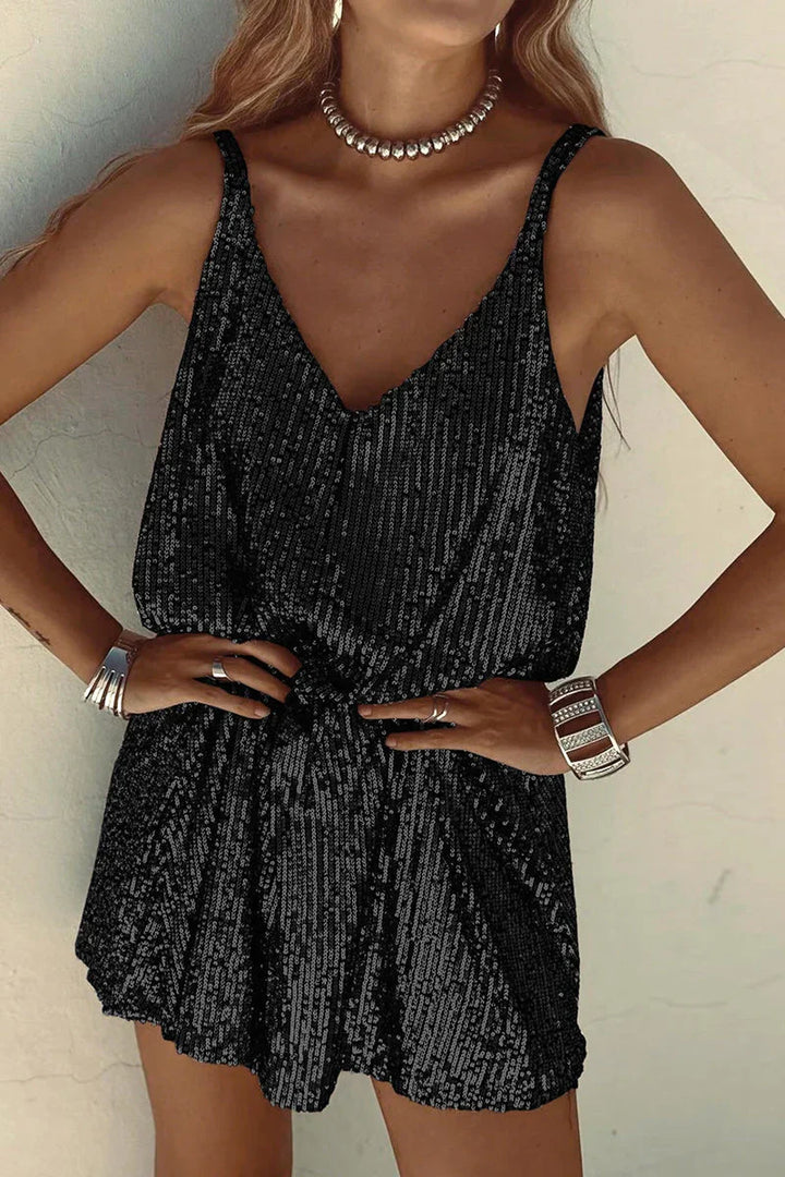 Sparkling V-neck sequin mini dress for women. Sleeveless party & evening wear, glamorous cocktail attire.
