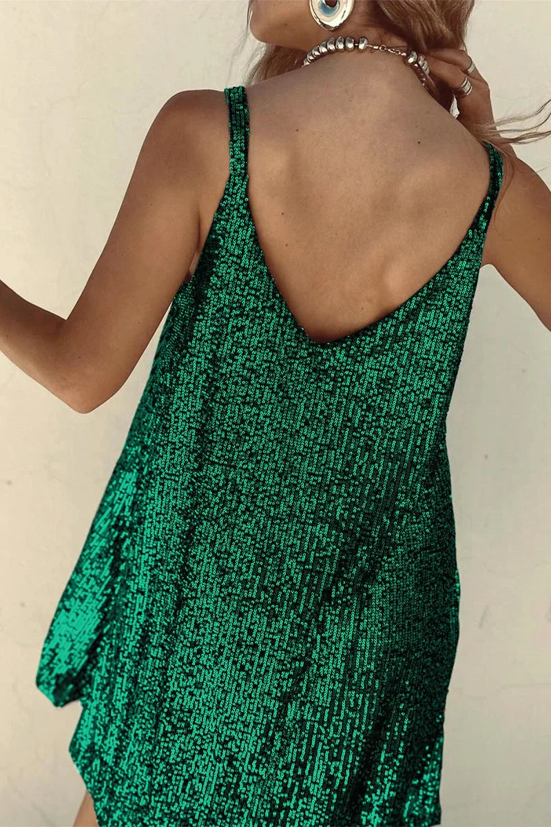 Fashion women's sequin V-neck mini dress. Dazzling party & evening wear, special occasion glam.