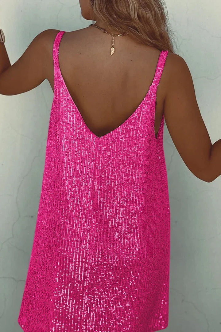 V-neck sequin mini dress for women, sparkling party & evening wear. Dazzling special occasion fashion.