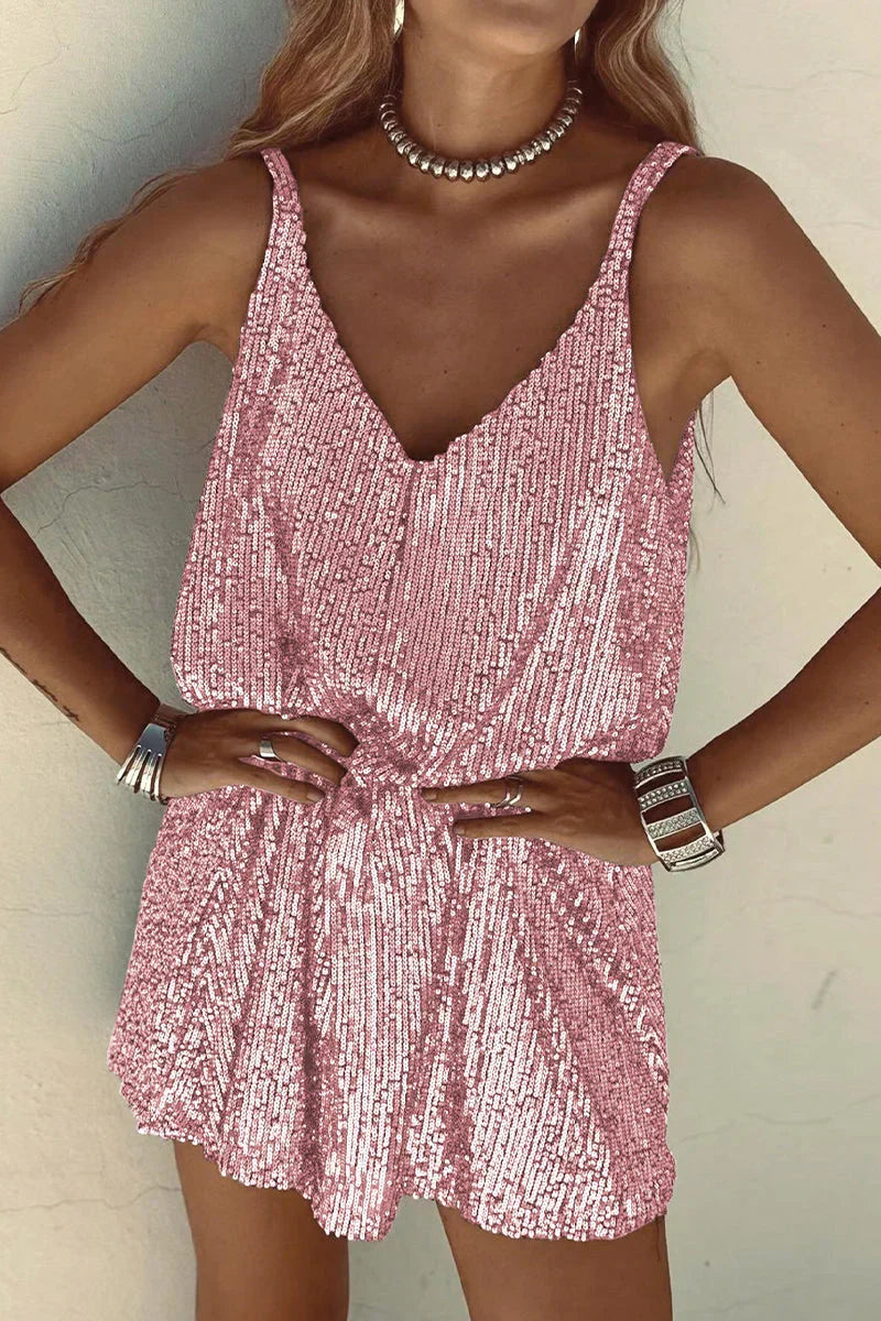 Elegant women's sequin V-neck mini dress. Dazzling party & evening wear, a glamorous special choice.