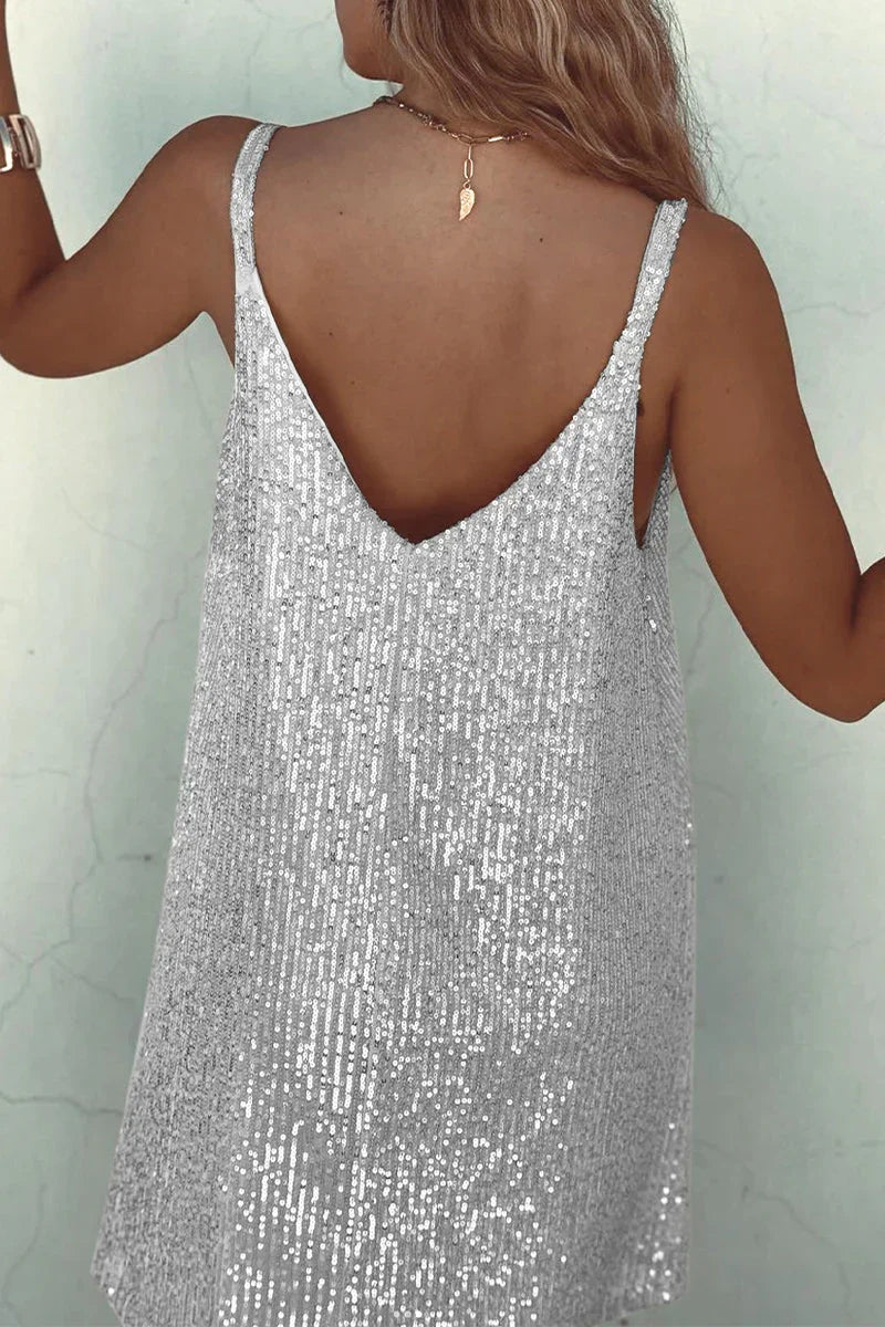 Women's glamorous sequin mini dress, V-neck party & evening wear. Dazzling sparkle for special events.