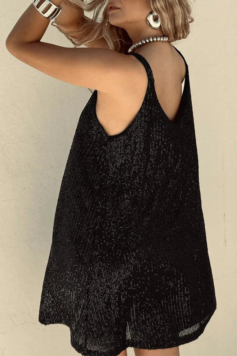 Dazzling sequin V-neck mini dress for women. Glamorous party & evening wear, perfect for special occasions.