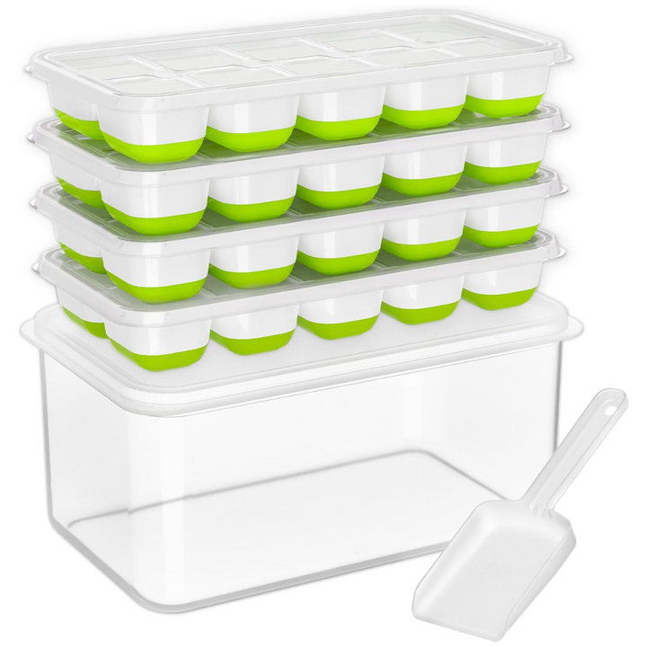 Stackable silicone ice cube trays with lid & large ice storage bin for freezer, perfect kitchen accessory.