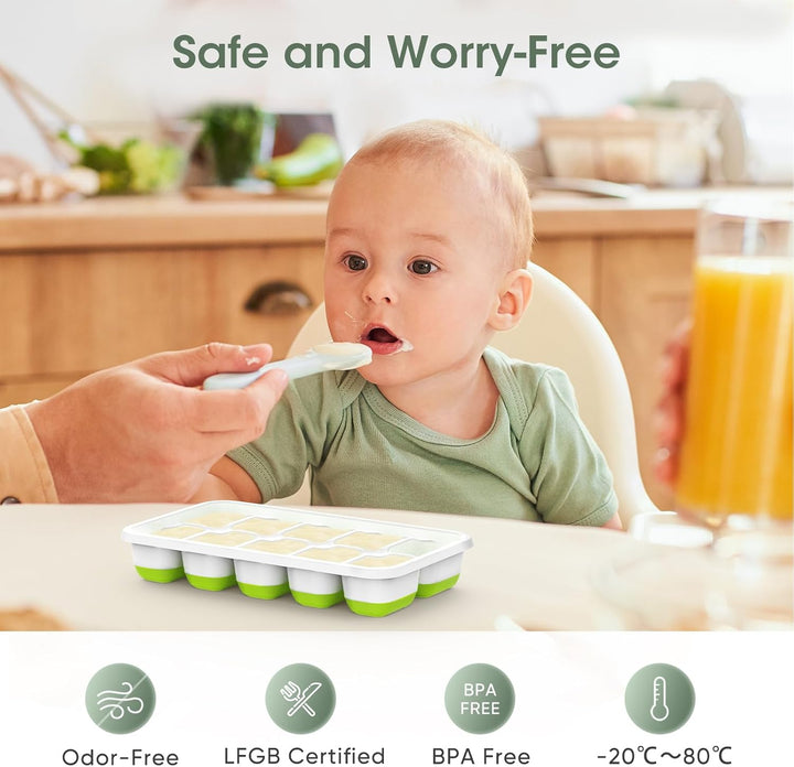 Modern kitchen ice tools: Flexible silicone ice cube molds, stackable, with a spacious storage bin for ice.