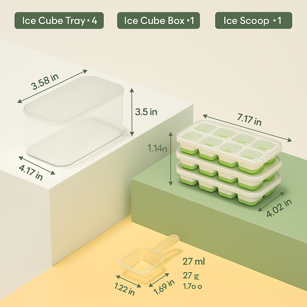 Stackable silicone ice cube trays, lid, & freezer storage bin for ice, ideal for any home kitchen.