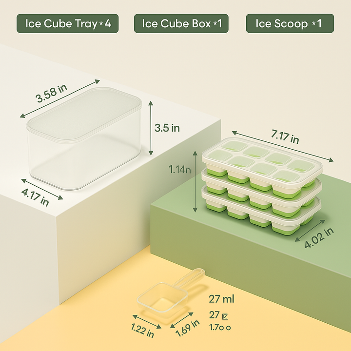 Stackable silicone ice cube trays, lid, & freezer storage bin for ice, ideal for any home kitchen.