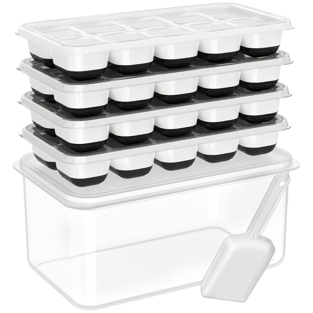 Flexible silicone ice cube molds, stackable design, with clear ice storage container for efficient freezer use.