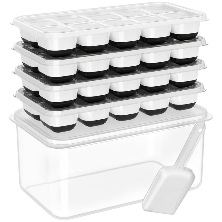 Flexible silicone ice cube molds, stackable design, with clear ice storage container for efficient freezer use.