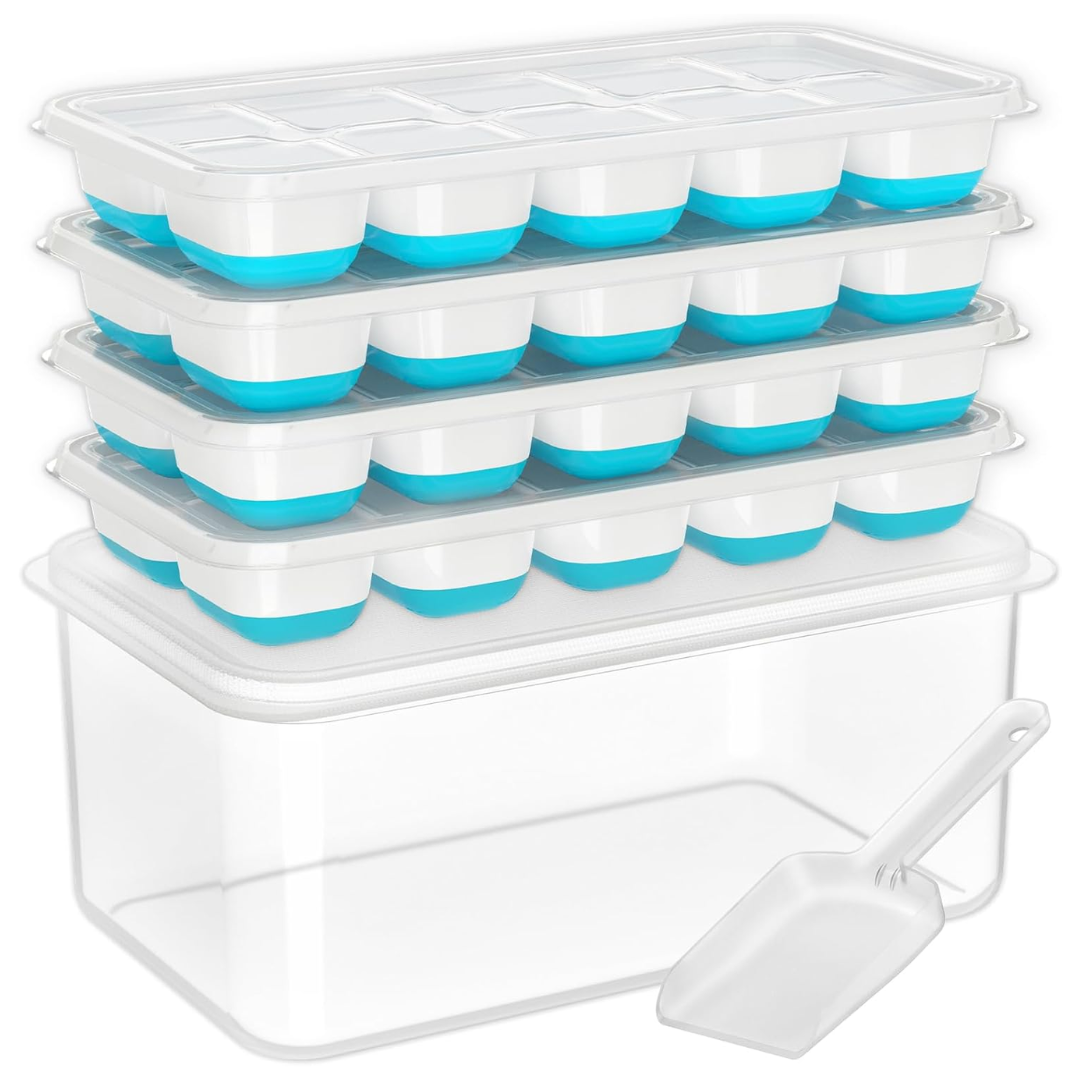 Kitchen ice cube trays & ice bin for home bar drinks, includes convenient freezer storage system, stackable.