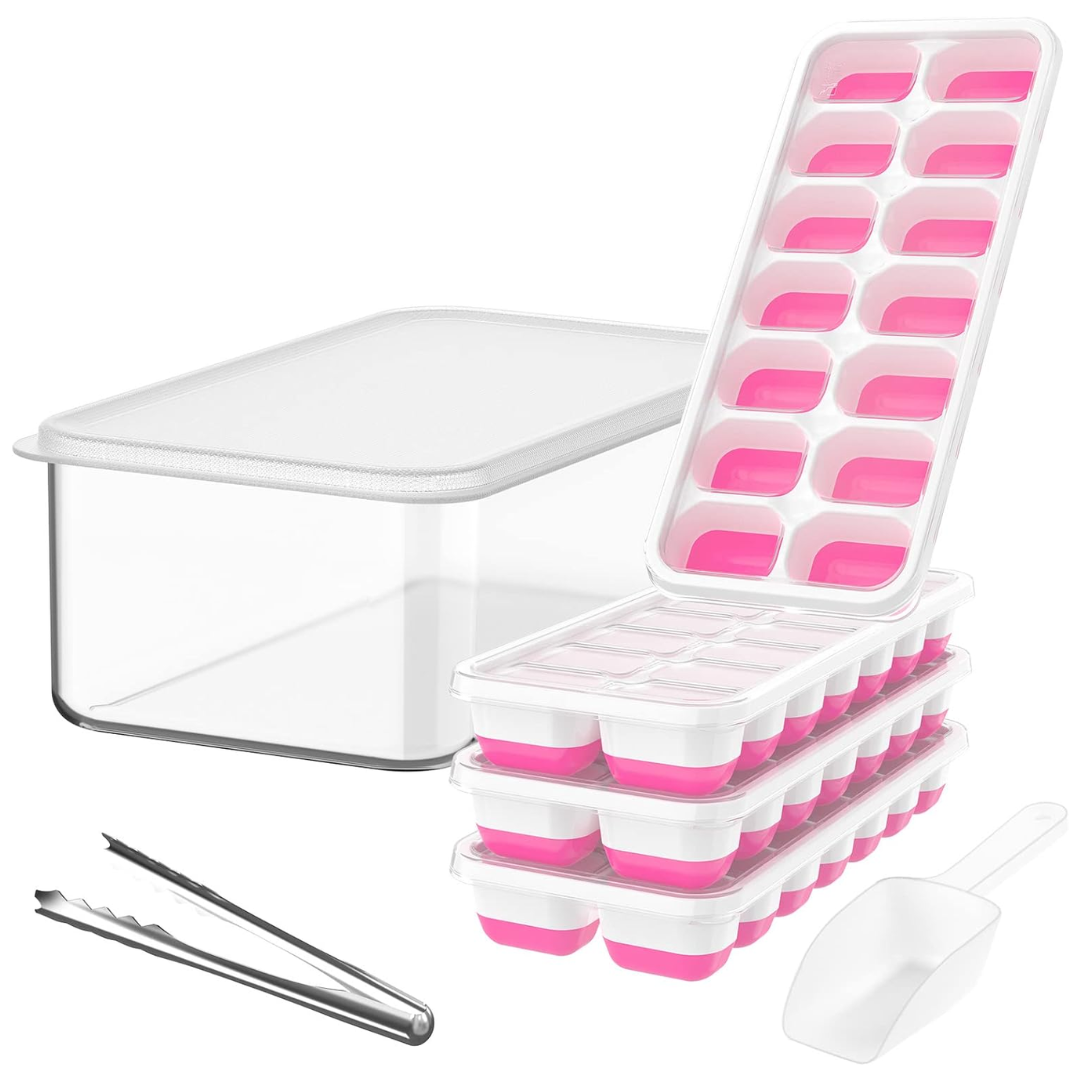 Set of silicone ice trays & lidded ice storage bin, perfect for making & holding ice cubes, great kitchen tool.