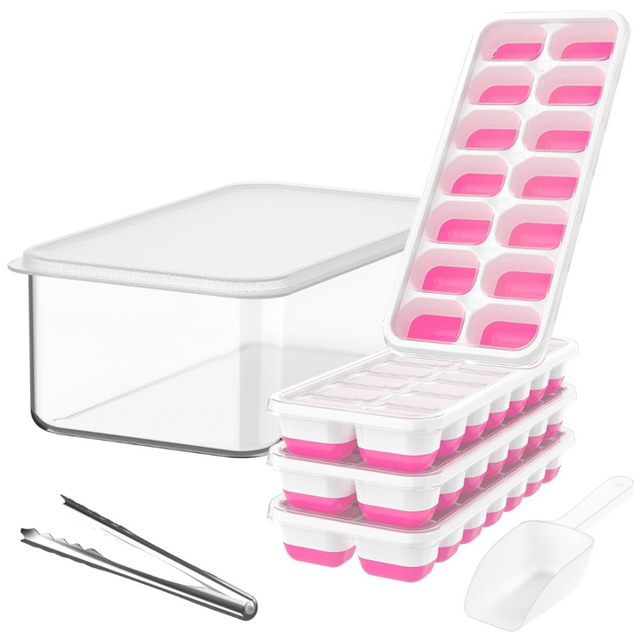 Set of silicone ice trays & lidded ice storage bin, perfect for making & holding ice cubes, great kitchen tool.