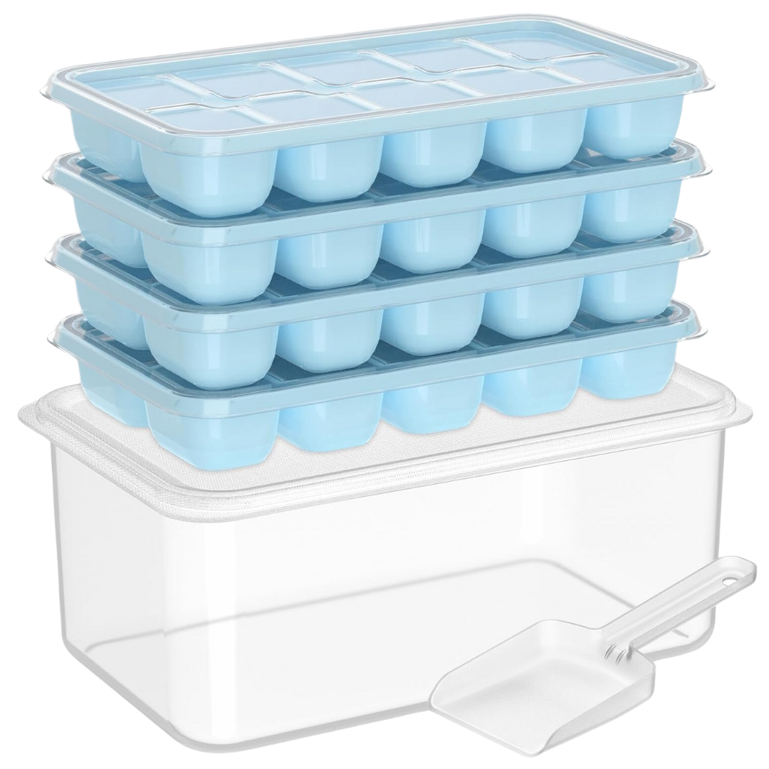 Space-saving stackable silicone ice cube trays & freezer storage bin for organized kitchen & home bar.