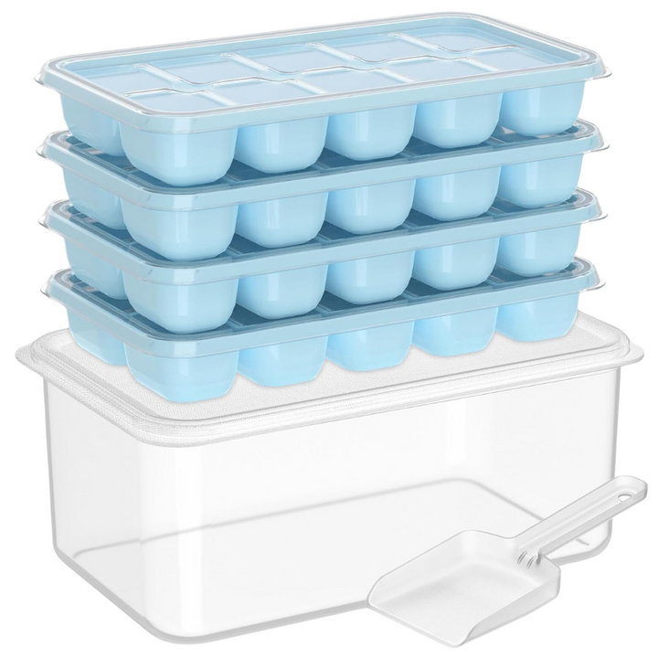 Space-saving stackable silicone ice cube trays & freezer storage bin for organized kitchen & home bar.