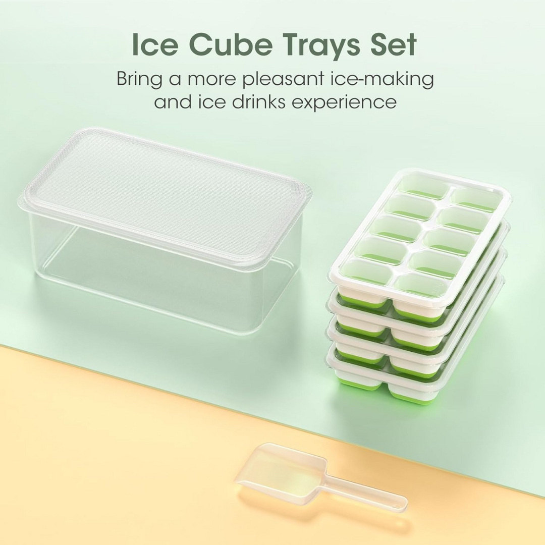 Unisex kitchen tool: Silicone ice cube trays, stackable with lid & large freezer storage bin, drink accessories.