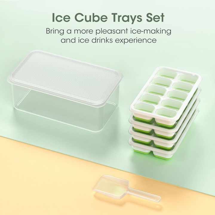 Unisex kitchen tool: Silicone ice cube trays, stackable with lid & large freezer storage bin, drink accessories.