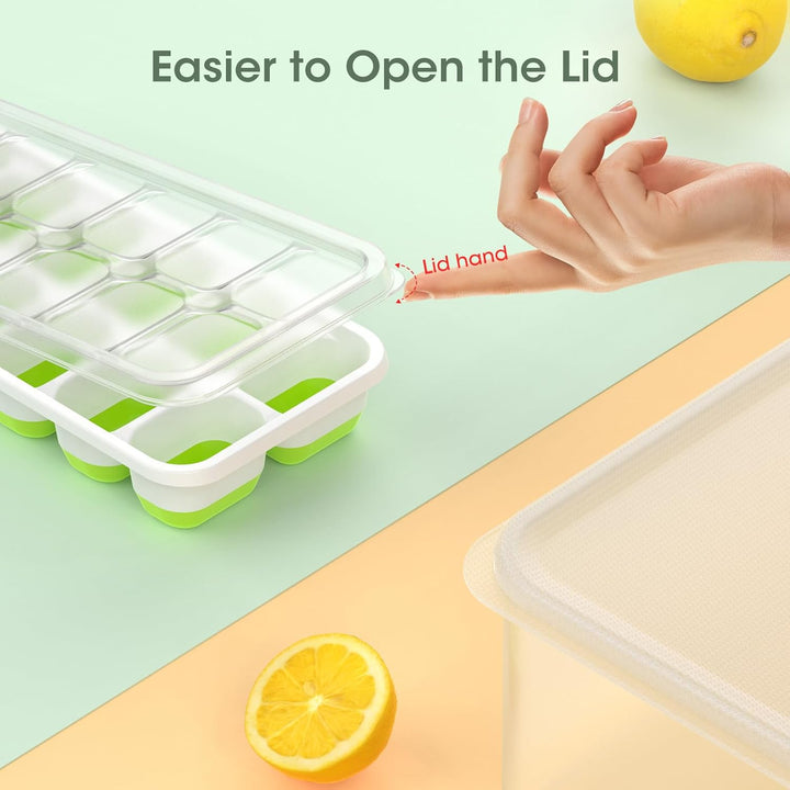 Durable silicone ice molds, stackable design, with practical ice bin for freezer organization & easy access.