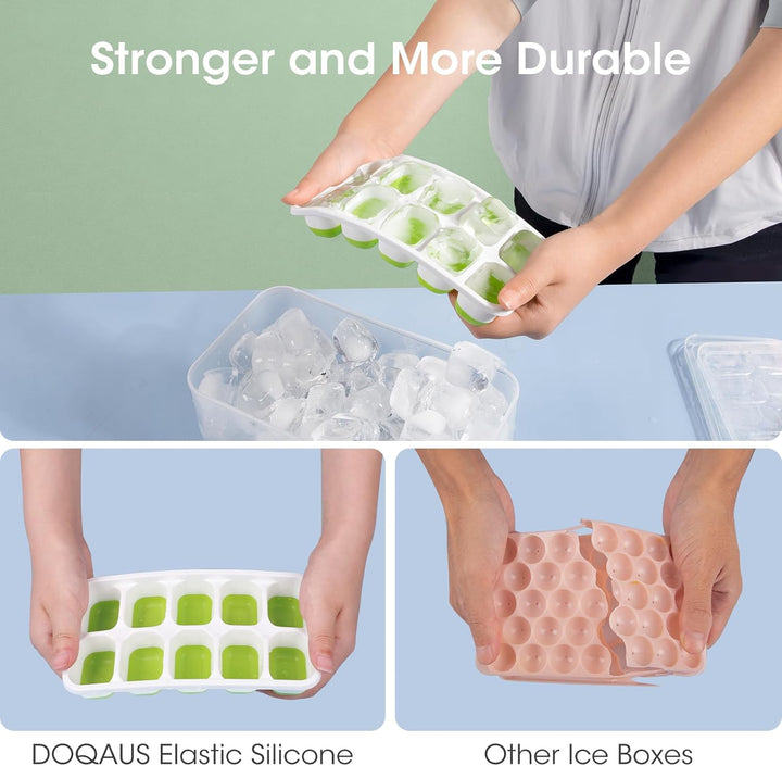 Home bar ice molds: Stackable silicone ice cube trays, lidded, with storage bin for drinks, freezer storage.