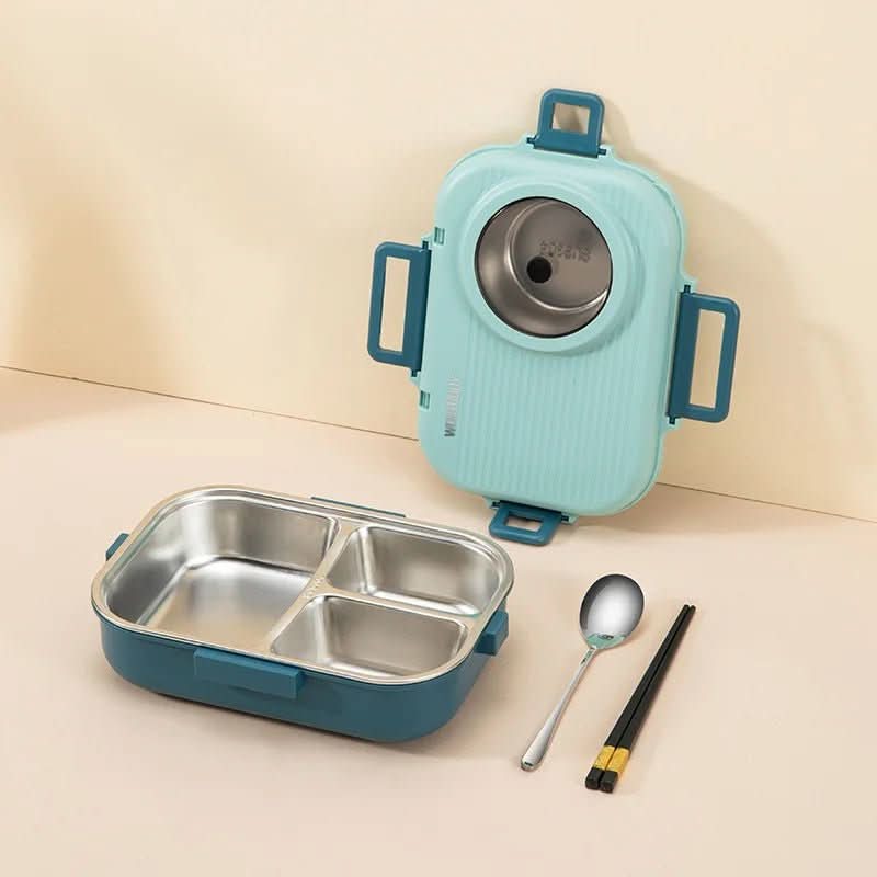 Stainless steel lunchbox with leak-proof lid & 3 compartments for school or work meals.