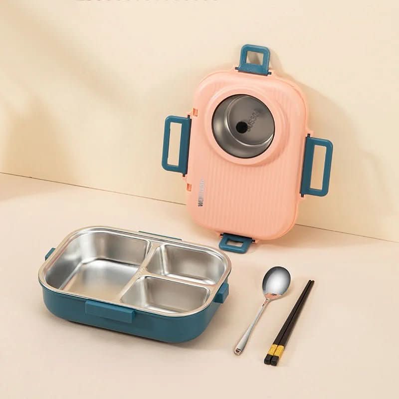Healthy meal prep stainless steel lunchbox. Features 3 compartments & a strong leak-proof lid.