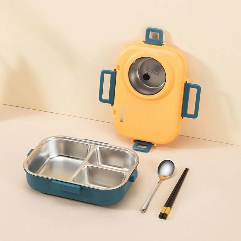 Secure stainless steel bento box with 3 sections. Leak-proof lid prevents spills for school lunch.