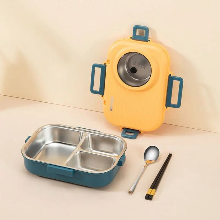 Secure stainless steel bento box with 3 sections. Leak-proof lid prevents spills for school lunch.