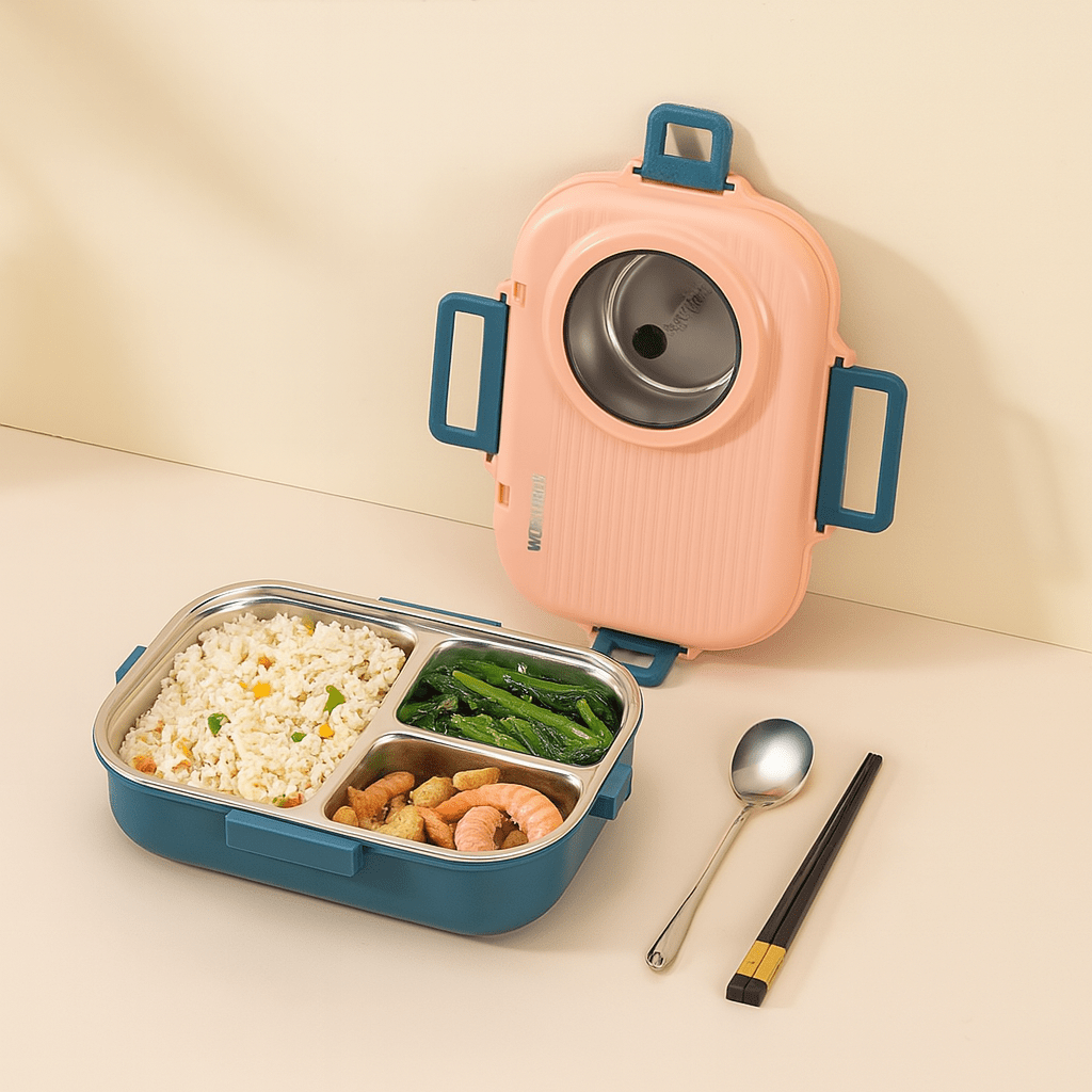Durable stainless steel bento box for meal prep. Features 3 compartments & a leak-proof lid.