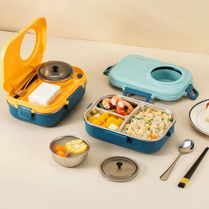 Eco-friendly stainless steel food container with 3 dividers. Leak-proof lid keeps meals fresh.