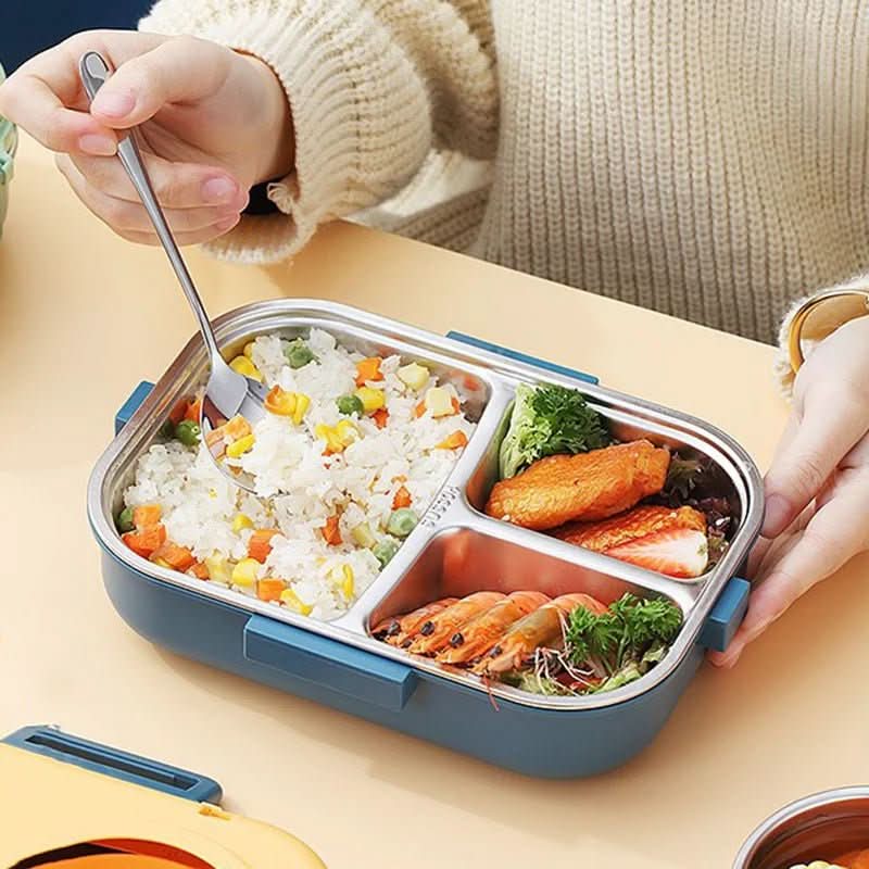Leak-proof stainless steel lunchbox, 3-compartment design for organized school & work lunches.