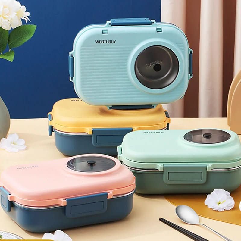 Heavy-duty stainless steel lunchbox, perfect for work. 3-compartment system & leak-proof lid.