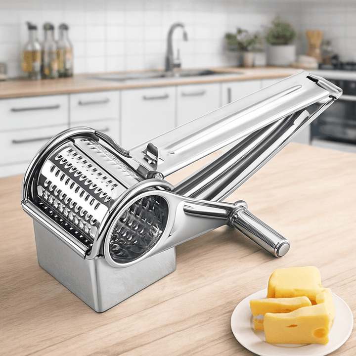 Stainless steel rotary grater for cheese and vegetables, an essential kitchen food prep tool.
