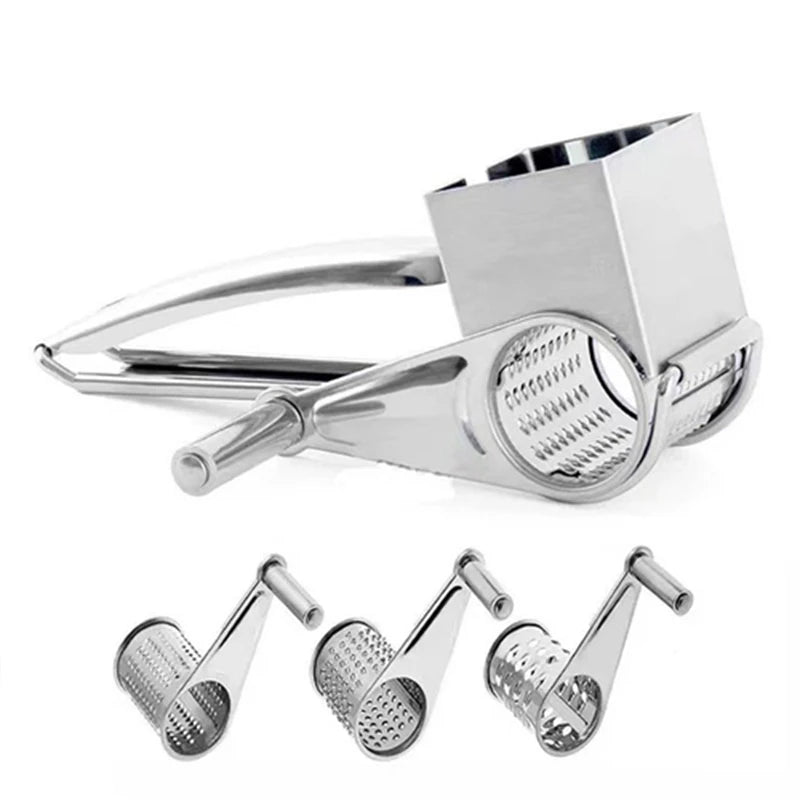 Multi-purpose manual rotary grater for cheese, nuts, and vegetables, featuring stainless steel design.