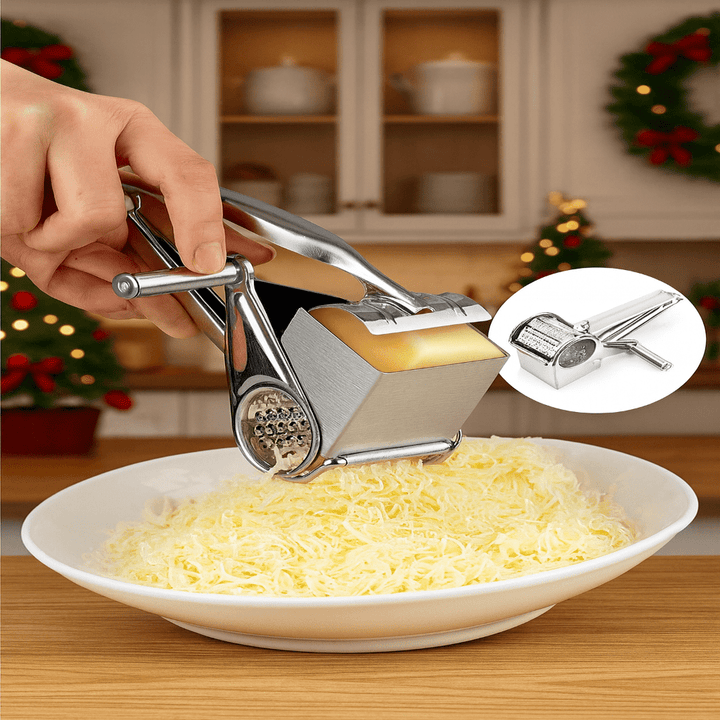 Ergonomic rotary grater for vegetables, a versatile kitchen shredder and slicer tool.