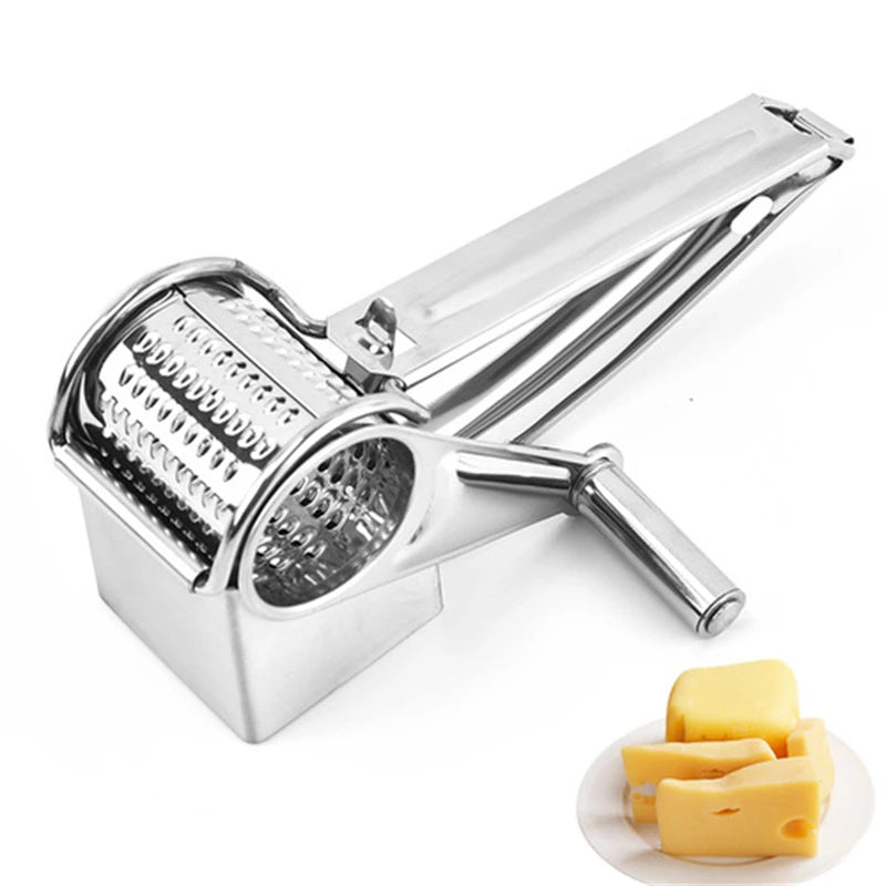 Kitchen rotary grater with interchangeable drums for various shredding and slicing needs.