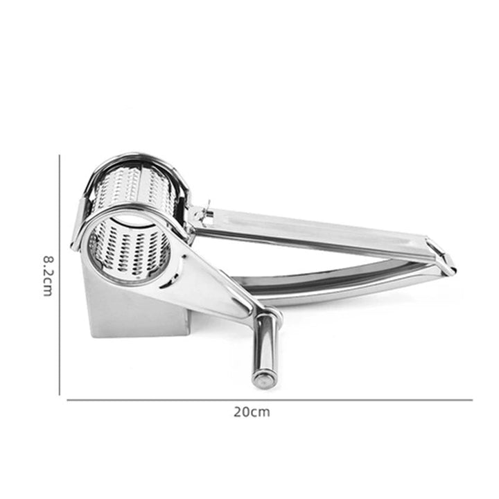 Vegetable slicer and grater: a robust stainless steel manual rotary kitchen tool.