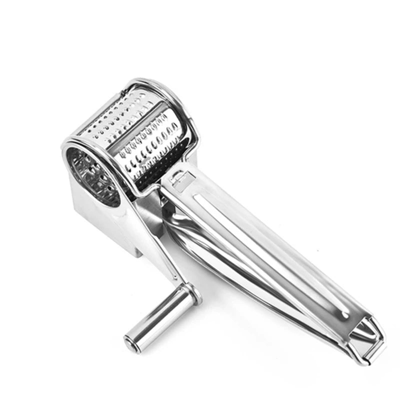 Handheld rotary grater, designed for safe and quick food preparation of cheese and veggies.