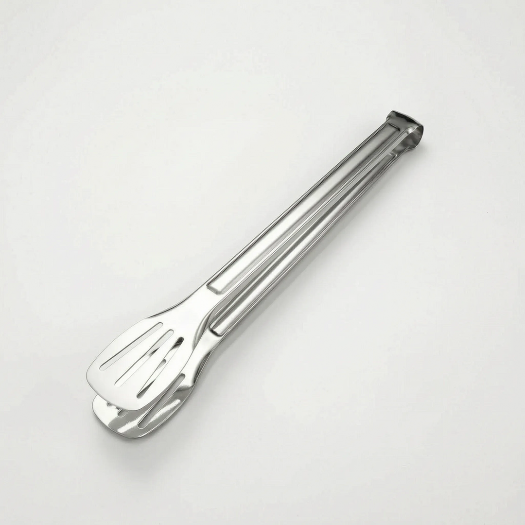 Unisex slotted kitchen tongs, perfect for precise cooking, flipping, & serving hot food. High-quality stainless steel.