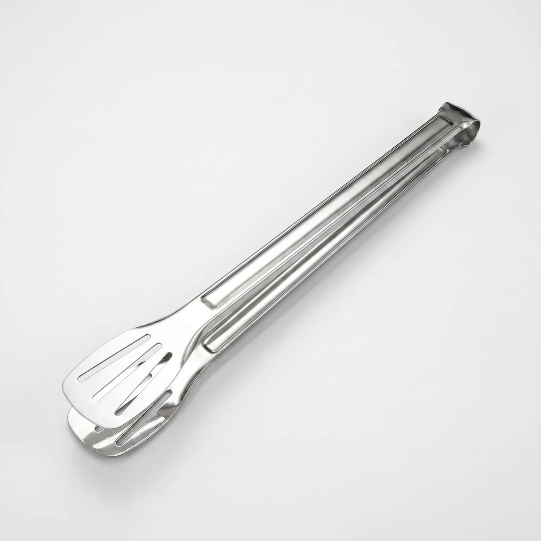 Durable stainless steel slotted tongs for outdoor BBQ & grilling. Long handle, sturdy grip for safe food handling.