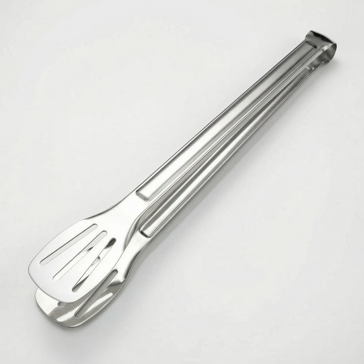 Premium stainless steel slotted serving tongs. Ideal for draining liquids when cooking, frying & serving dishes.
