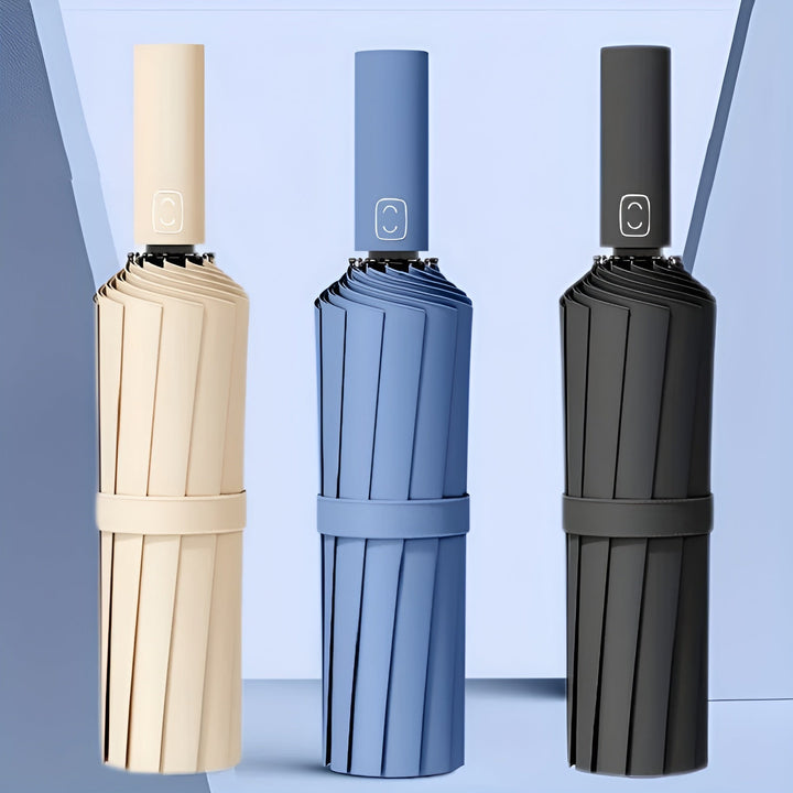 StormShield Compact UV Protection Travel Umbrella in black, fully open. Durable & portable.