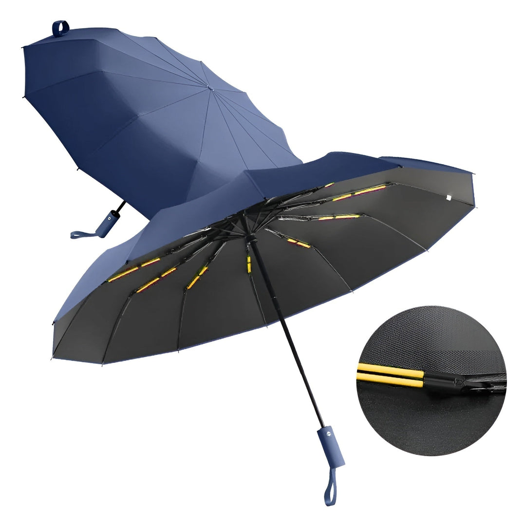 Close-up of StormShield umbrella's durable fabric, featuring UV & water-resistant coating.