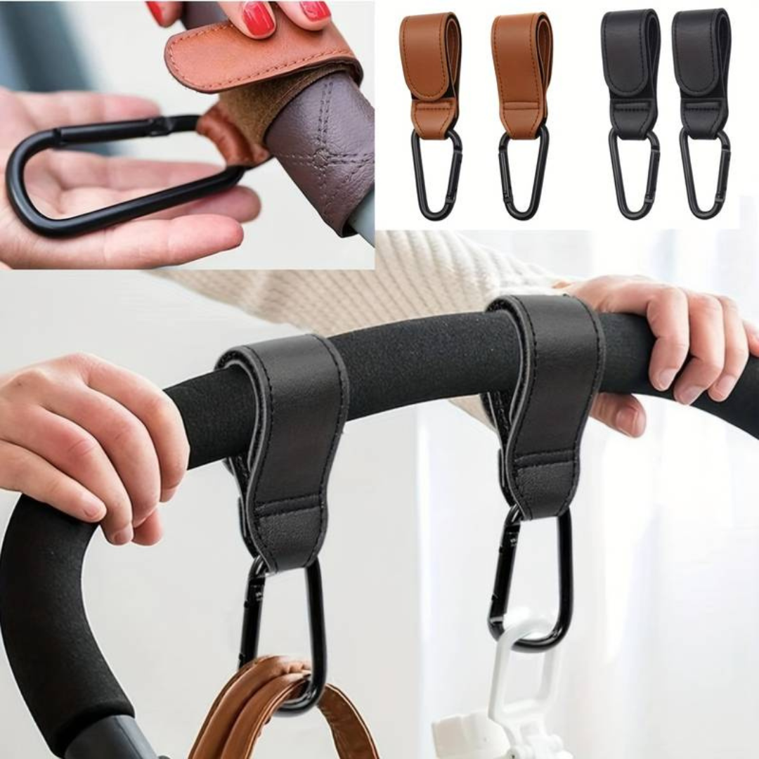 Stroller hook set in vegan leather for organizing baby bags on prams, black finish.