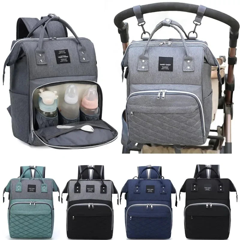 Stylish black nylon diaper backpack for modern moms, large capacity parenting gear