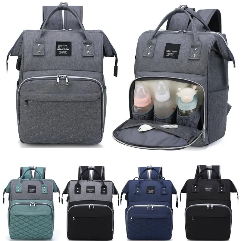 Woman packing baby essentials into a spacious travel diaper bag