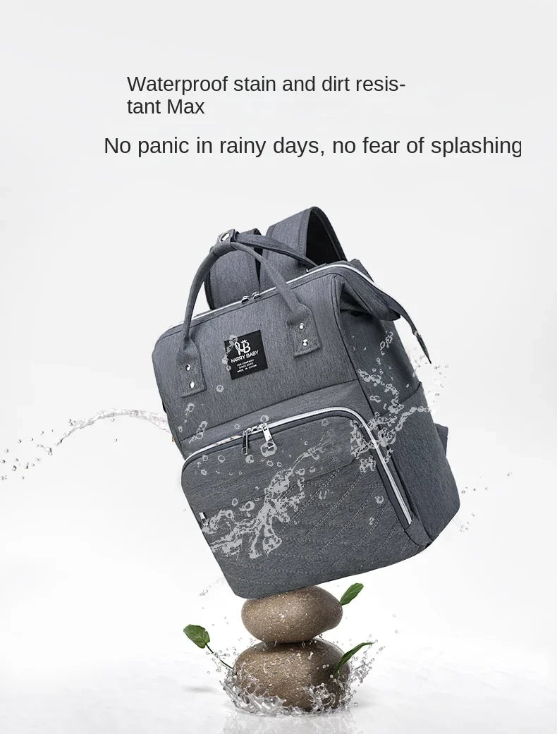 Happy mom using her organized diaper backpack, essential for baby transport