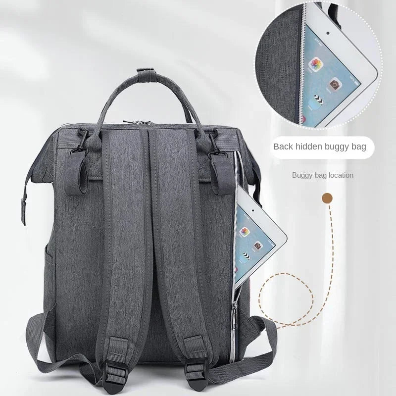 Organized interior of a maternity backpack with multiple compartments for baby gear